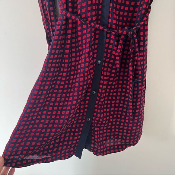 Tommy Hilfiger Red Navy Windowpane Pattern Button Down Cinch Waist Shirt Dress - Picture 7 of 7